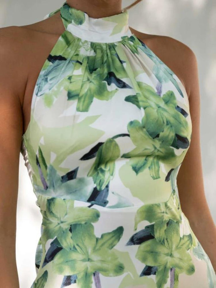 Solungaç Baskılı Boyundan Bağlamalı Sırtı Açık Saten Midi Elbise