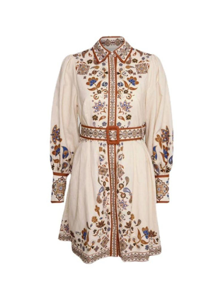 İncili Baskılı Kuşaklı Mini Gömlek Elbise