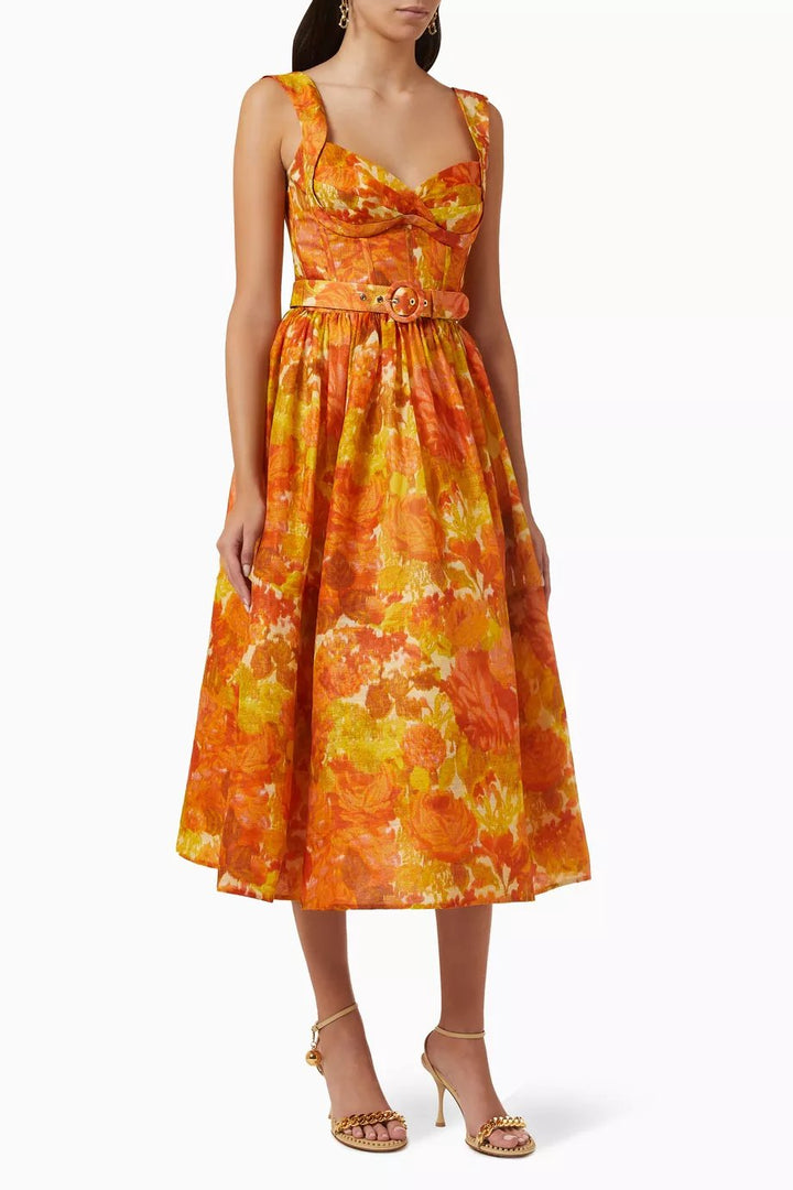 Esta Sweetheart Midi Piknik Askılı Keten Elbise