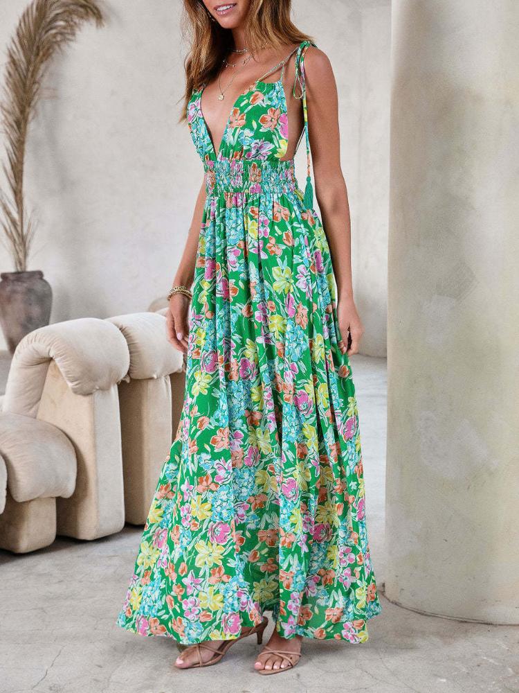 Grace Baskılı Püsküllü Sırtı Açık Maxi Sundress