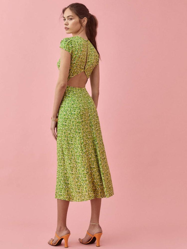 Rachel Baskılı Yuvarlak Yakalı, Yarık, Midi Sundress