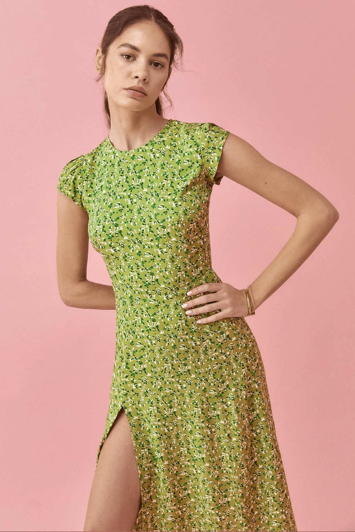 Rachel Baskılı Yuvarlak Yakalı, Yarık, Midi Sundress