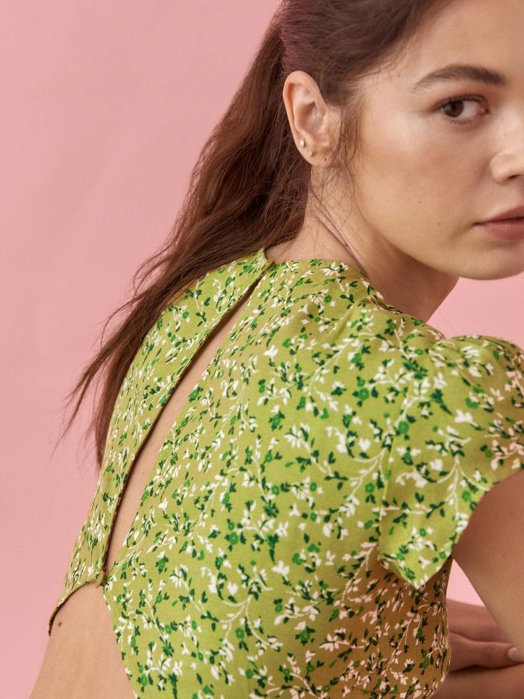 Rachel Baskılı Yuvarlak Yakalı, Yarık, Midi Sundress