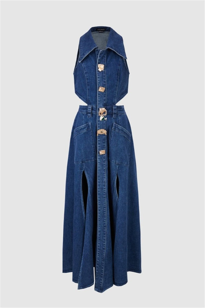 Regina Yaka Yaka Cut-Out Denim Maxi Elbise