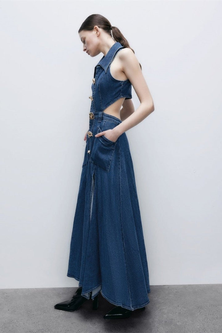Regina Yaka Yaka Cut-Out Denim Maxi Elbise