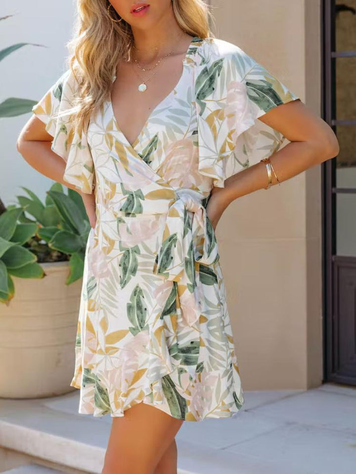 Renee Baskılı Fırfırlı V Yaka Mini Anvelop Elbise