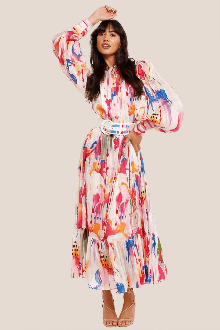 Rhoda Baskılı Kuşaklı Katlı Maxi Elbise