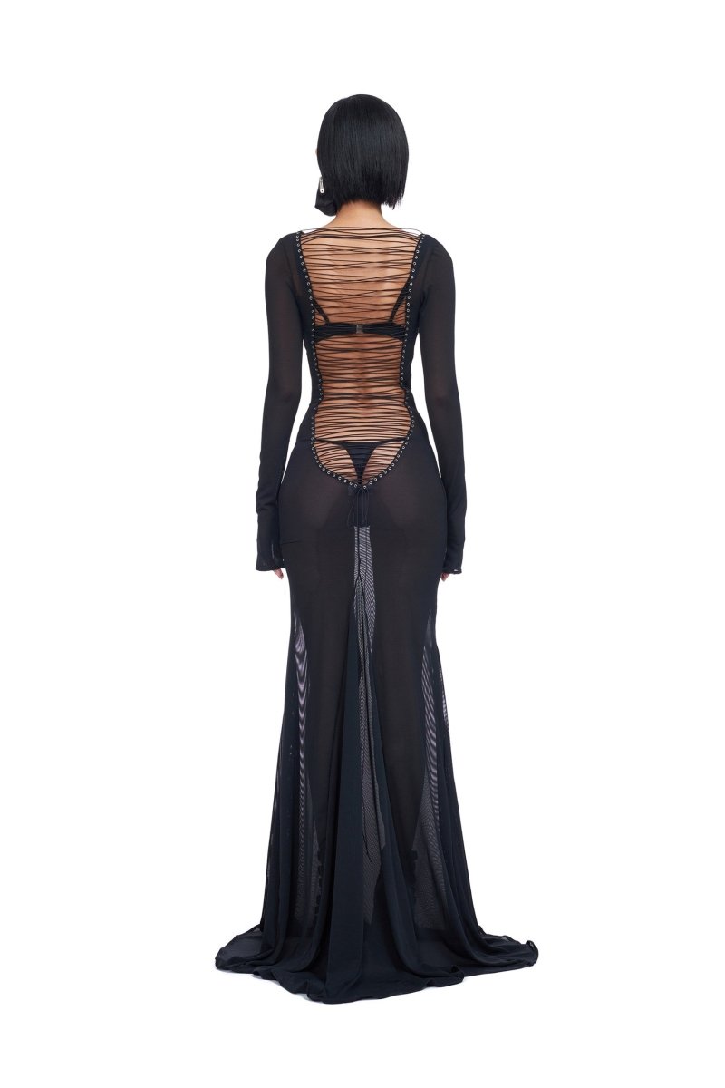 Riva Sırttan Bağlamalı Yarı Transparan Uzun File Elbise