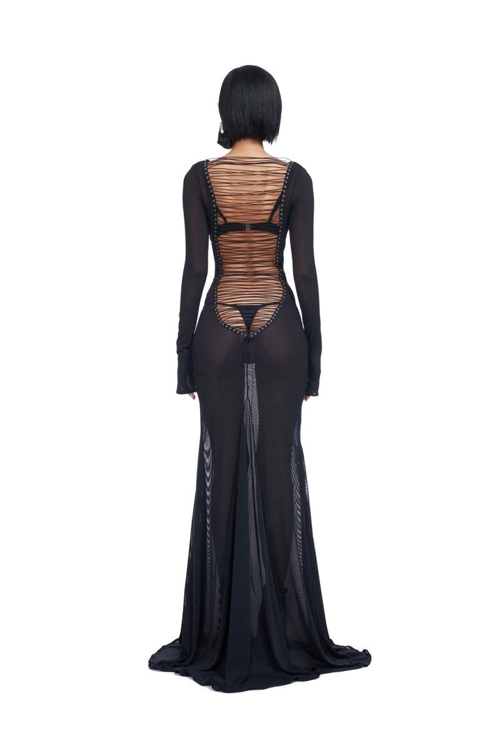 Riva Sırttan Bağlamalı Yarı Transparan Uzun File Elbise