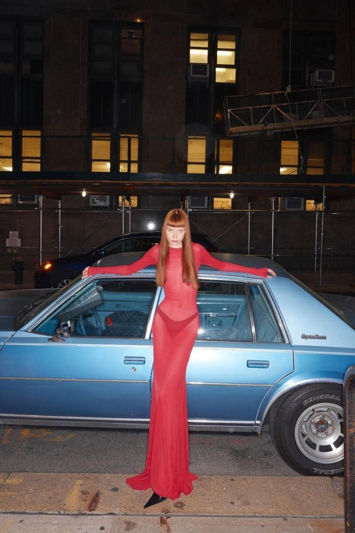 Riva Sırttan Bağlamalı Yarı Transparan Uzun File Elbise