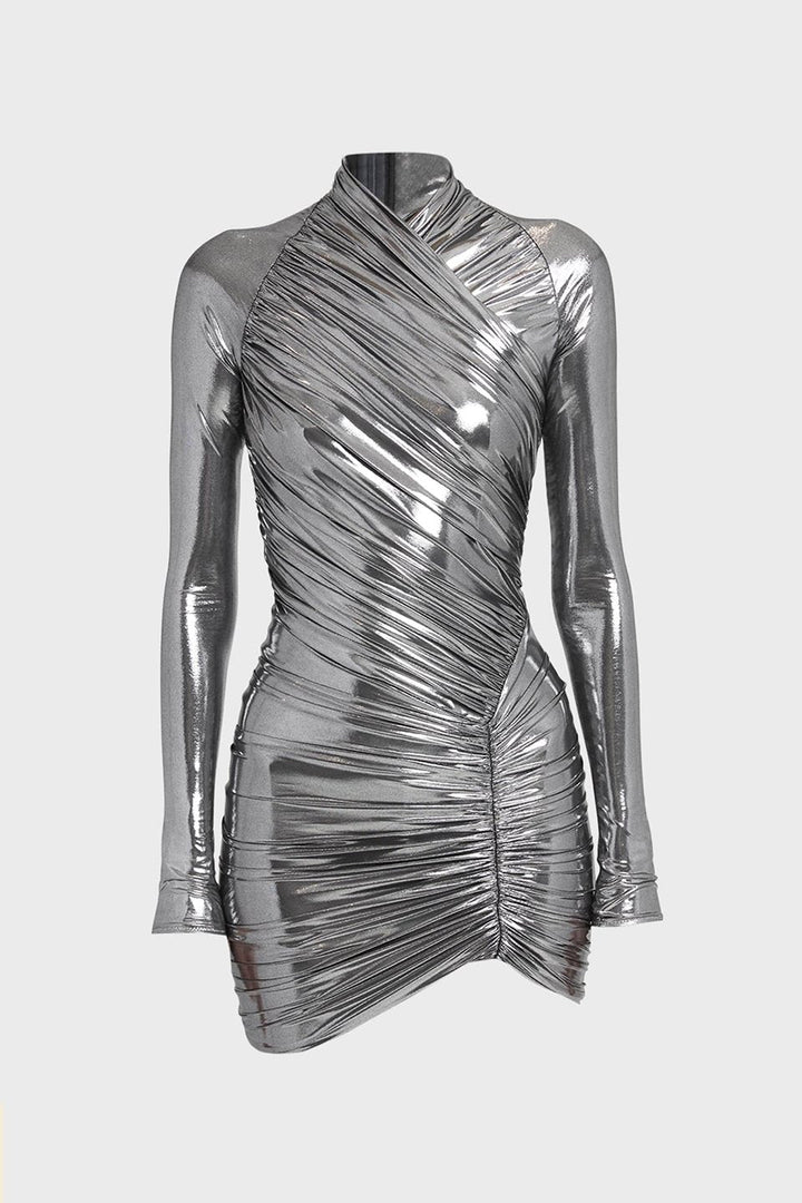 Riva Metalik Büzgülü Çözgülü Mini Elbise