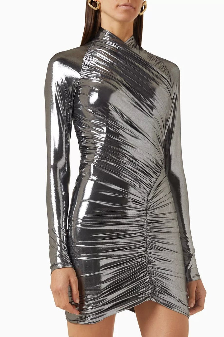 Riva Metalik Büzgülü Çözgülü Mini Elbise