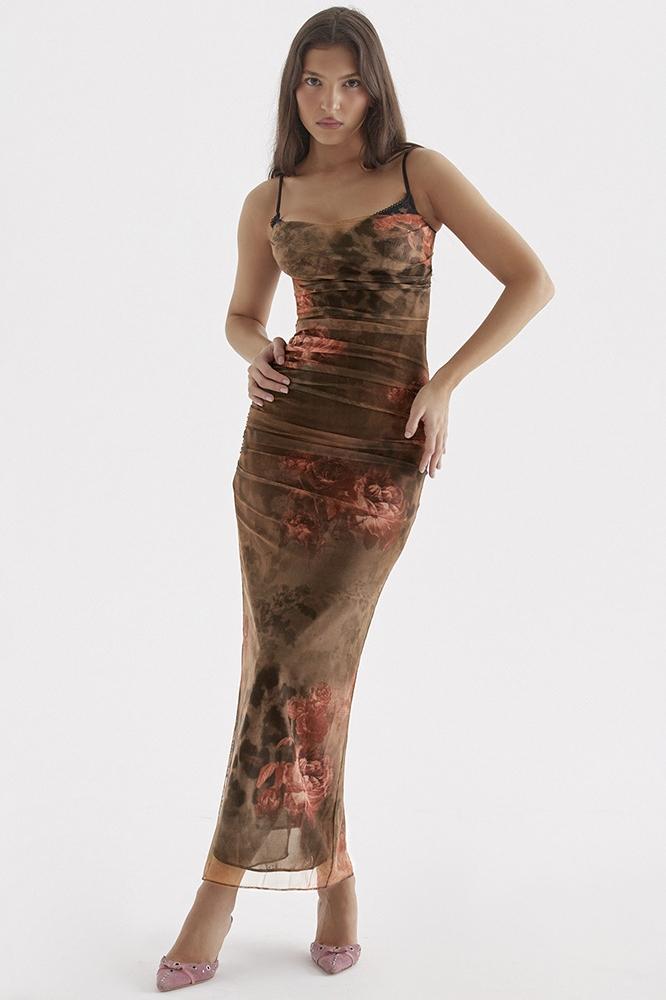 Ruth Baskılı Korse Büzgülü File Midi Elbise