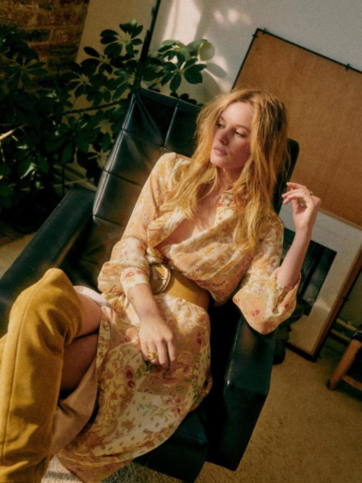 Sadie Çiçek Baskılı Şifon Düğmeli Kuşaklı Midi Gömlek Elbise