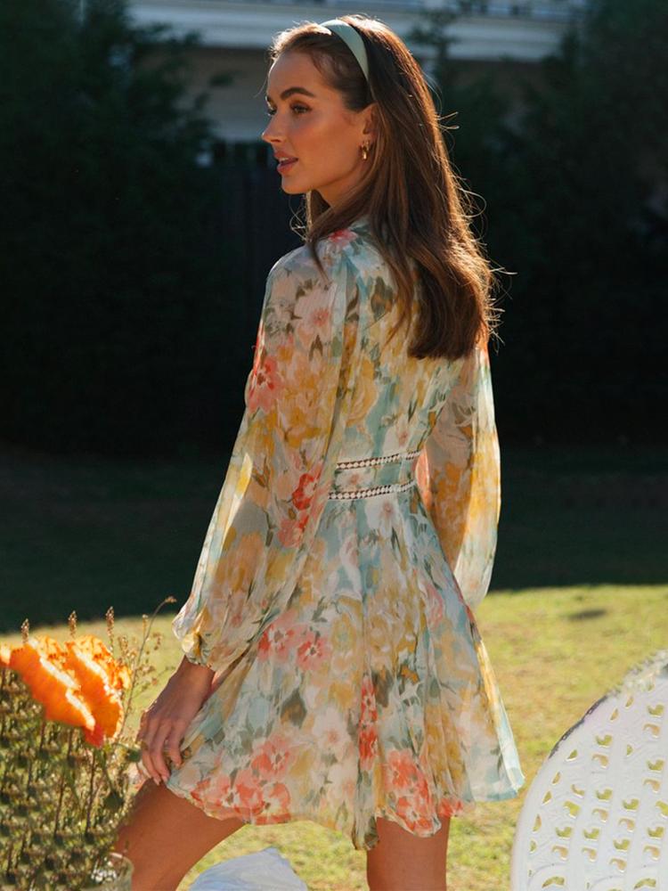 Sadie Baskılı V Yaka Dantelli Mini Elbise