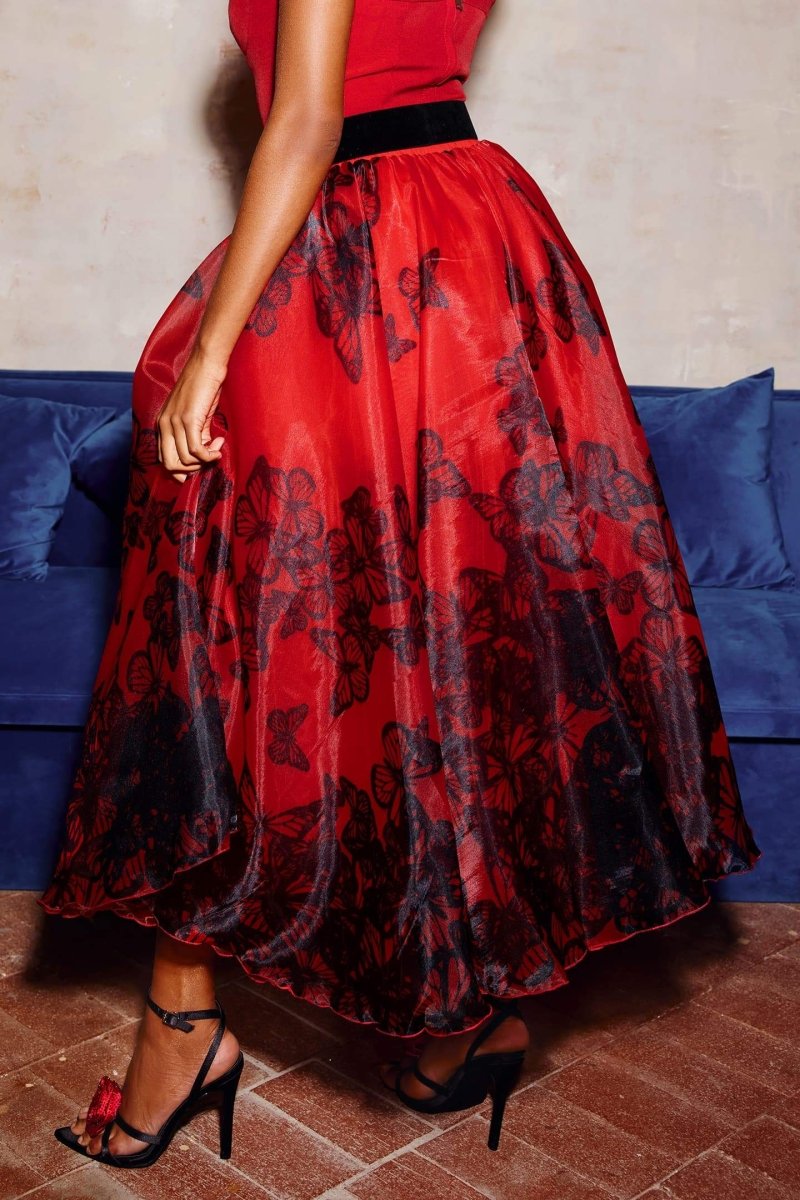 Samantha Kelebek Desenli Organze Midi Etek