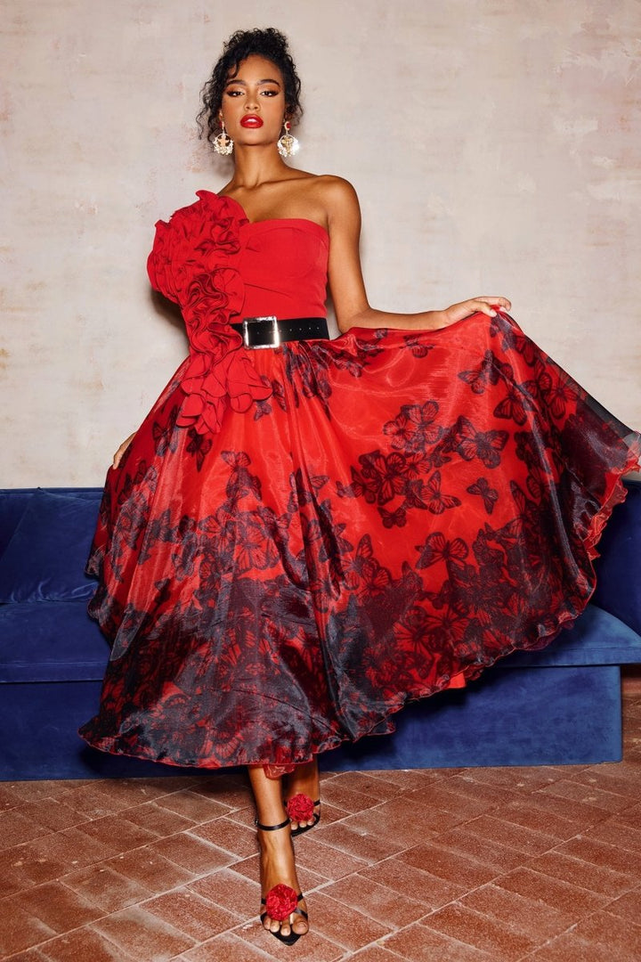 Samantha Kelebek Desenli Organze Midi Etek