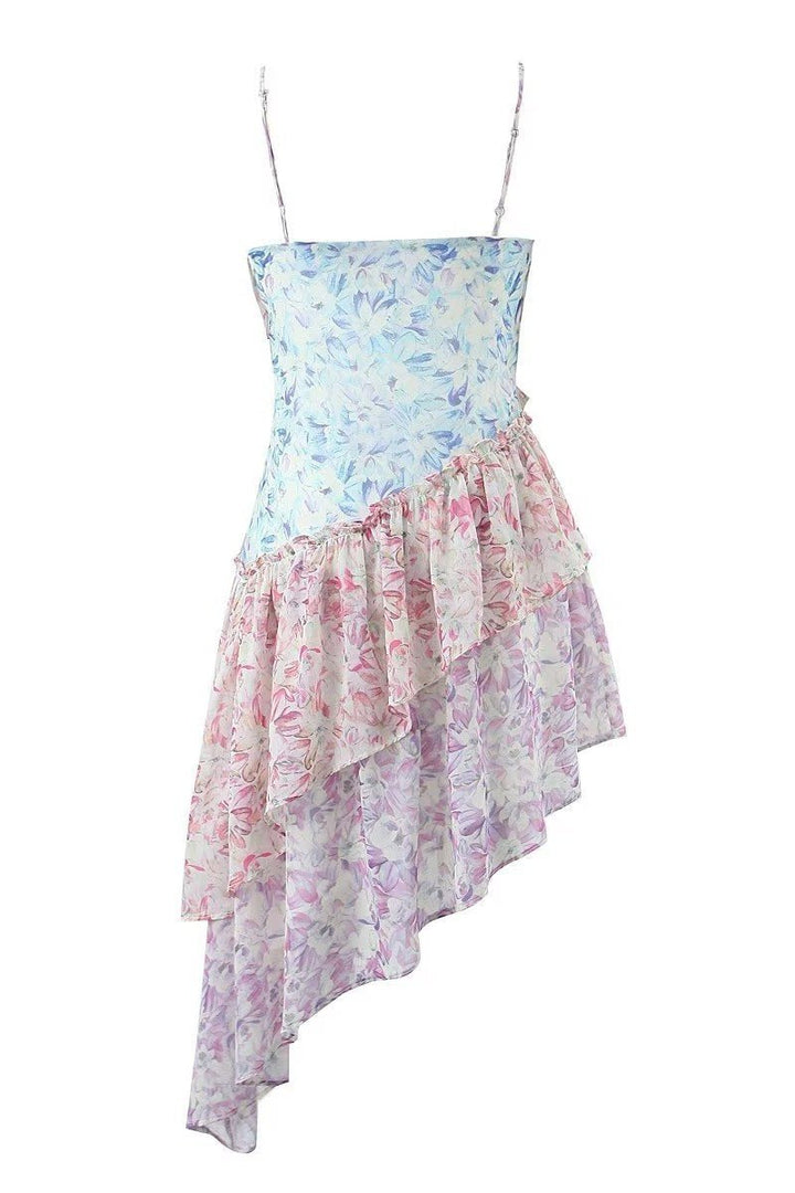 Samatha Baskılı Patchwork Fırfırlı Mini Slip Elbise