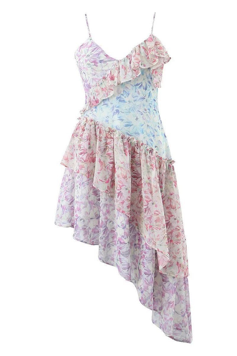 Samatha Baskılı Patchwork Fırfırlı Mini Slip Elbise