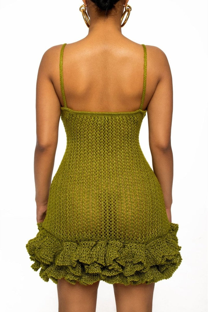 Sara V Yaka Fırfırlı Etek Örgü Mini Elbise