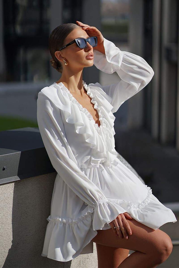 Sharon V Yaka Fırfırlı Mini Elbise