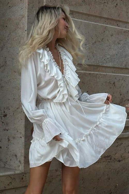 Sharon V Yaka Fırfırlı Mini Elbise