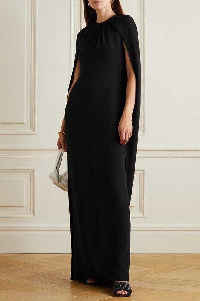 Shona Büzgülü Pelerinli Krep Maxi Elbise