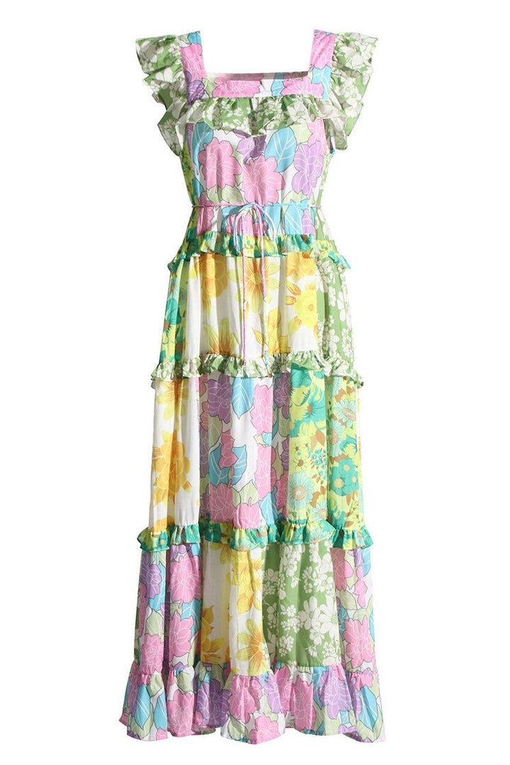 Shonna Baskılı Fırfırlı Kuşaklı Midi Elbise