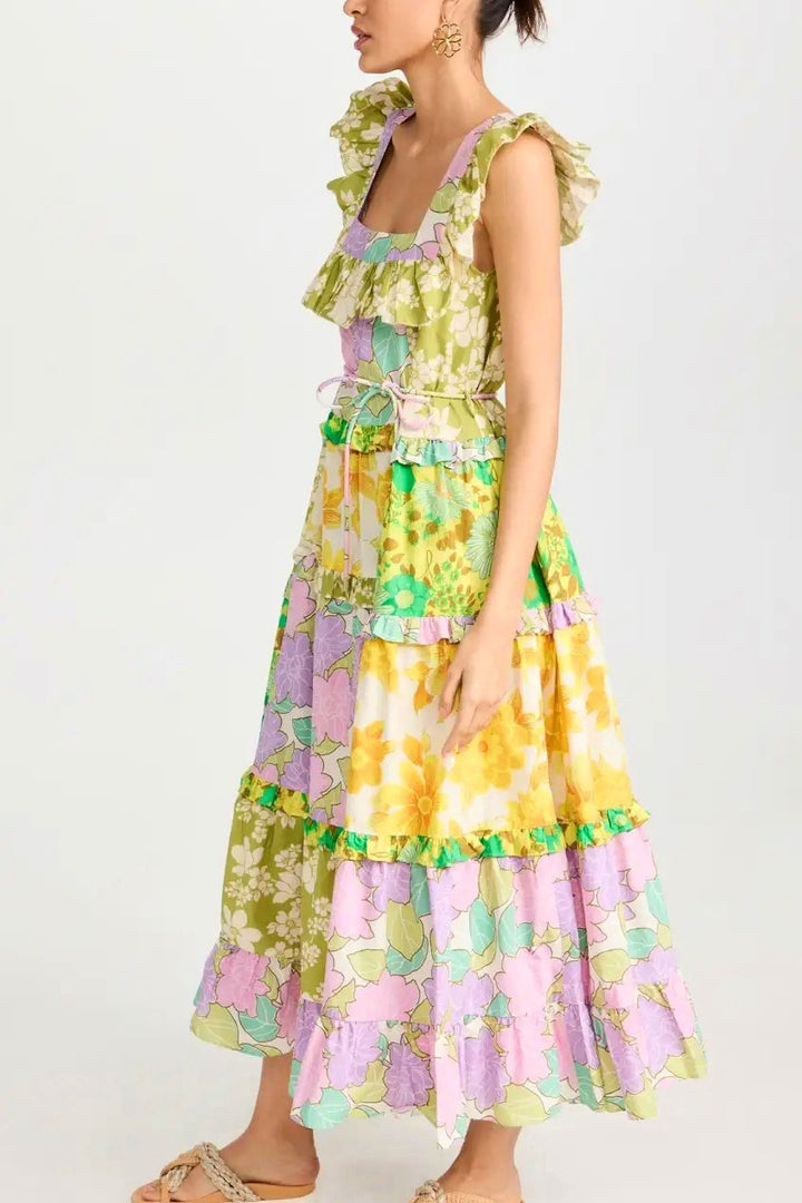 Shonna Baskılı Fırfırlı Kuşaklı Midi Elbise