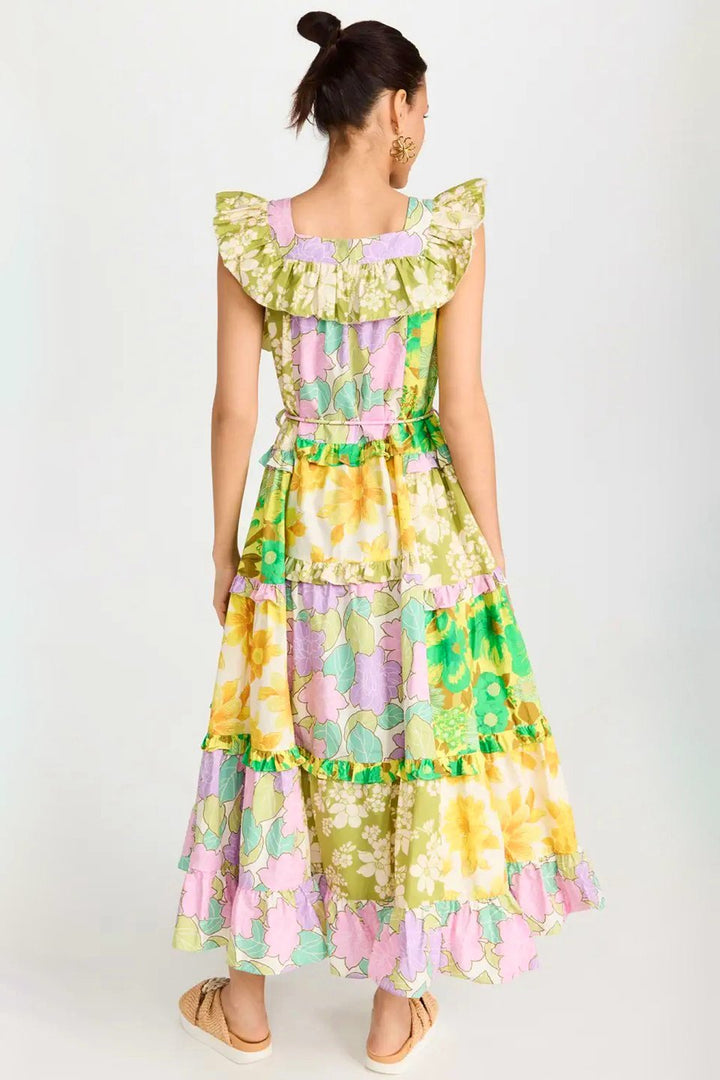 Shonna Baskılı Fırfırlı Kuşaklı Midi Elbise