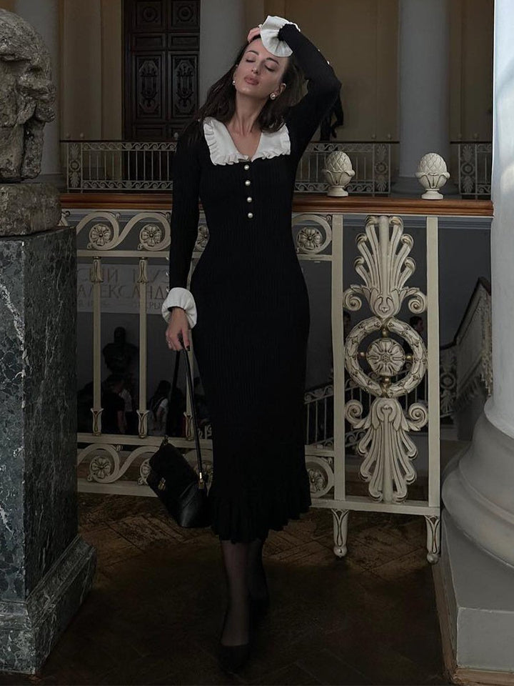 Sicilya Fırfırlı İncili Midi Triko Elbise