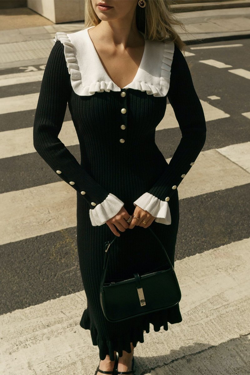 Sicilya Fırfırlı İncili Midi Triko Elbise