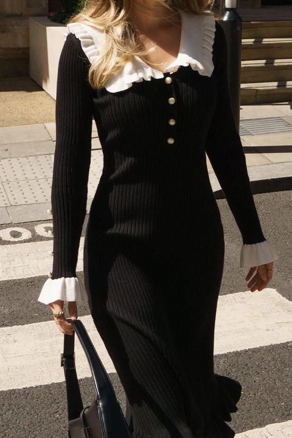 Sicilya Fırfırlı İncili Midi Triko Elbise