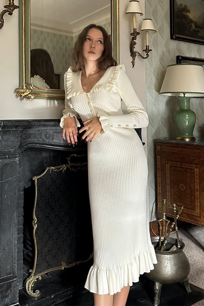 Sicilya Fırfırlı İncili Midi Triko Elbise