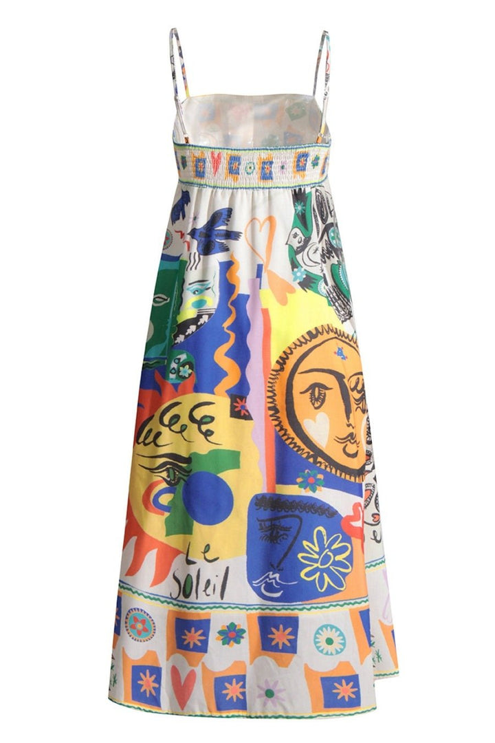 Soler Baskılı Yüksek Bel Midi Güneş Elbise