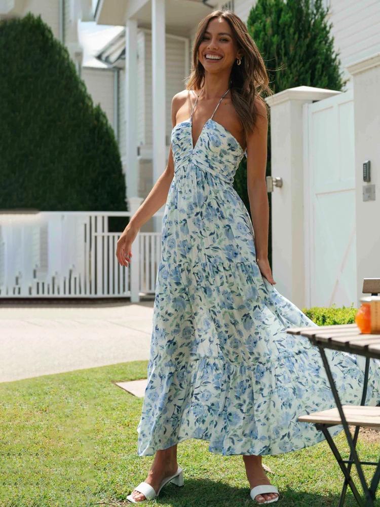 Sue Çiçek Baskılı Boyundan Bağlı Maxi Sundress