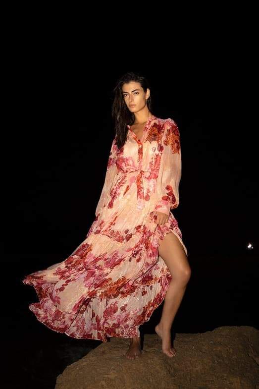 Sylvia Çiçekli Uzun Kollu Uzun Elbise