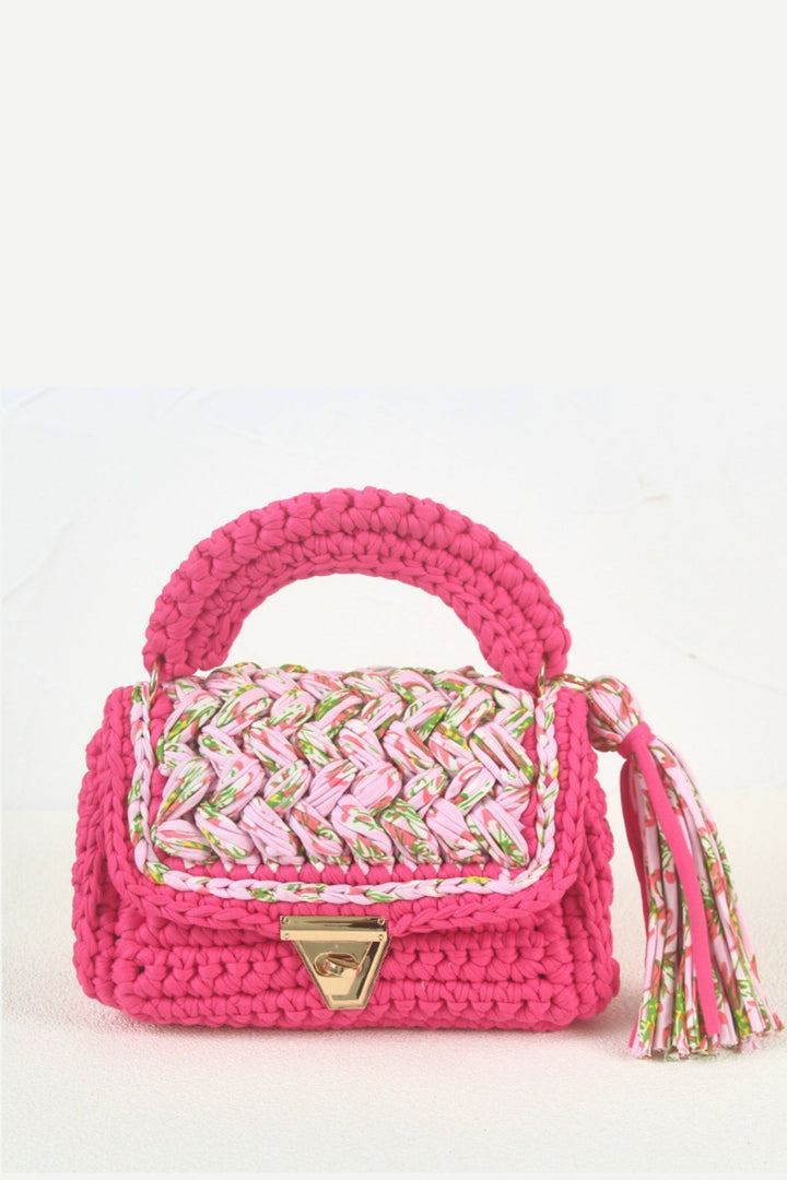 Tara Kontrast Renk Dokuma Püsküllü Kapaklı Çanta