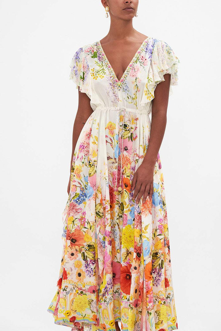 Thalia Baskılı V Yaka Fırfırlı Flare Midi Elbise