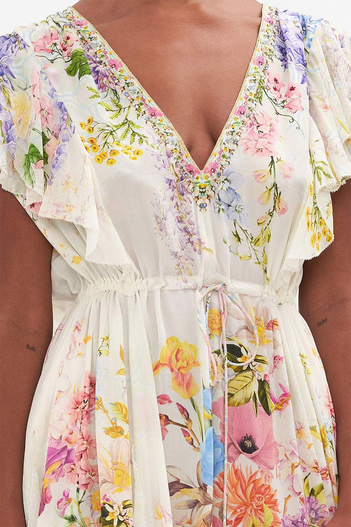 Thalia Baskılı V Yaka Fırfırlı Flare Midi Elbise