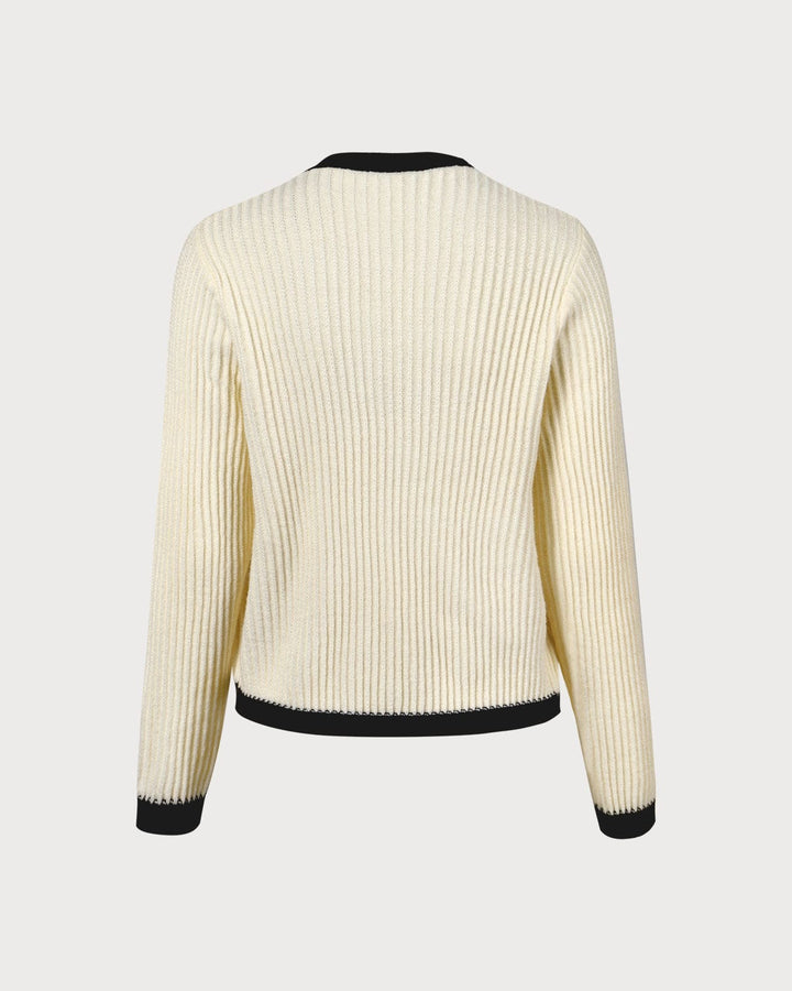 Bej Renkli Yuvarlak Yaka Kontrast Şeritli Hırka