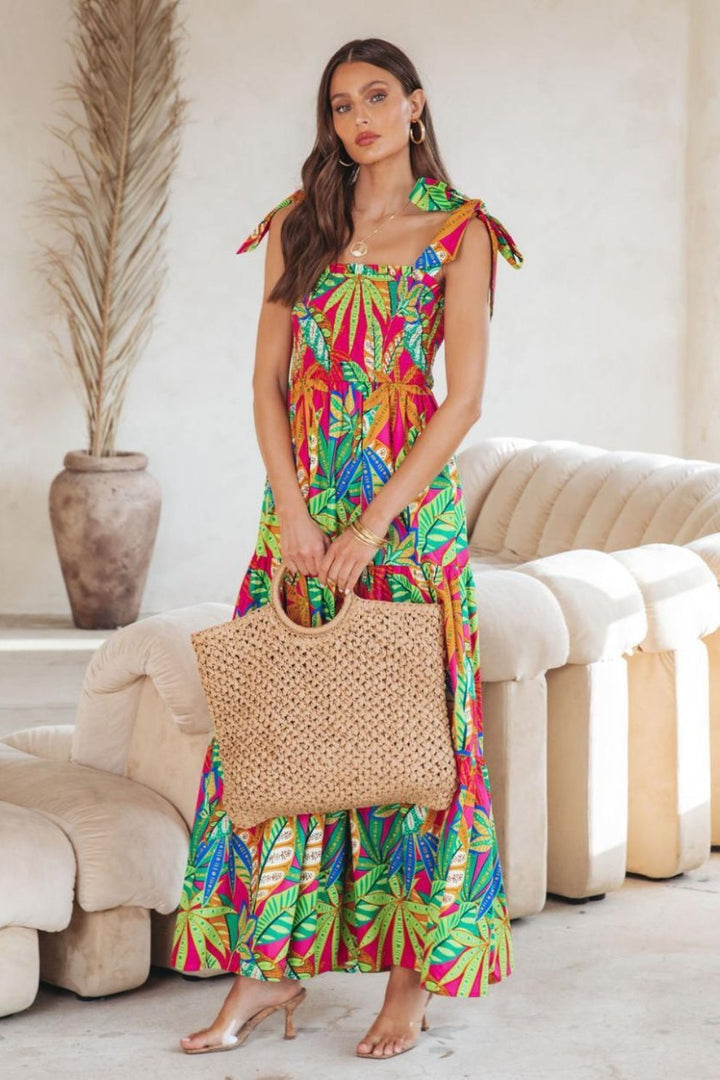 Thirza Baskılı Papyon Büzgülü Uzun Elbise