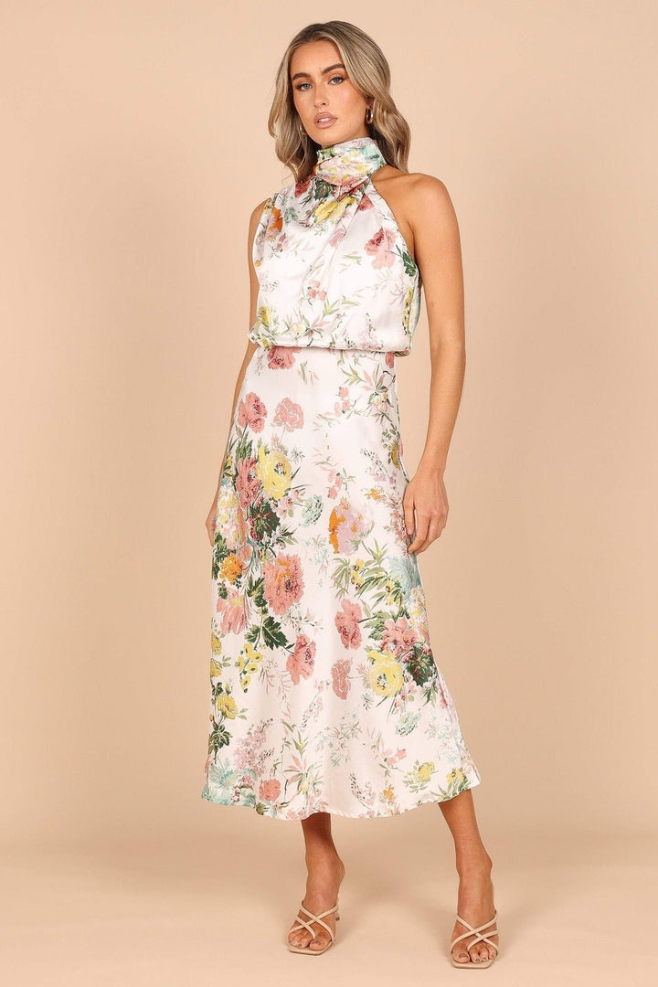 Trista Baskılı Boyundan Bağlamalı Midi Elbise