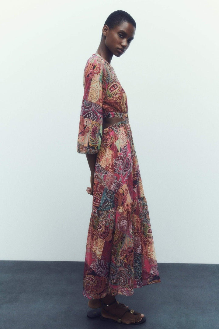 Valerie Baskılı Cut-Out Flare Maxi Elbise