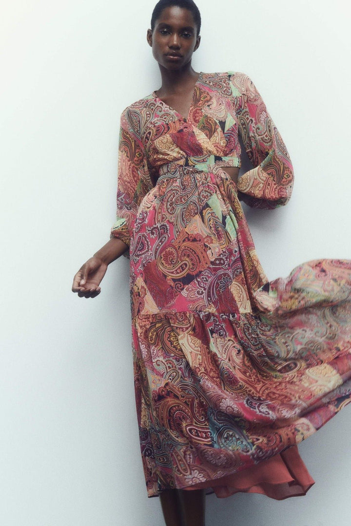 Valerie Baskılı Cut-Out Flare Maxi Elbise