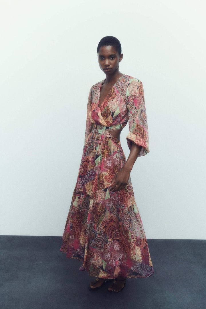 Valerie Baskılı Cut-Out Flare Maxi Elbise