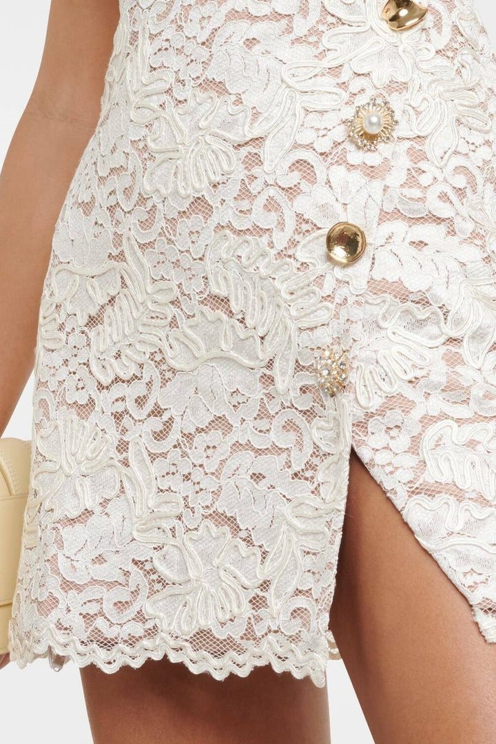 Veronica Çiçekli Dantel Mini Yırtmaçlı Elbise