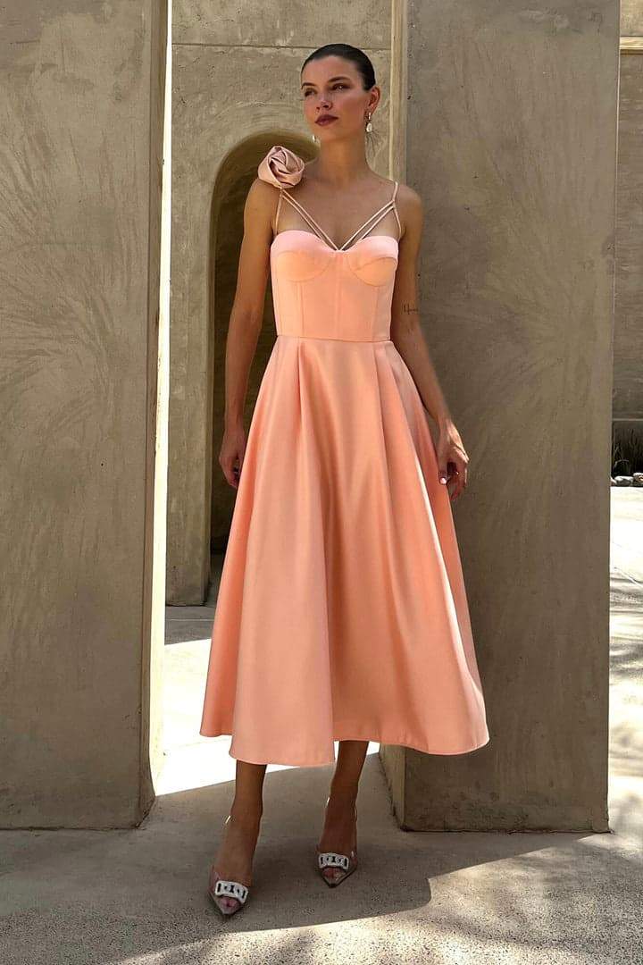 Veronica Çiçek Detaylı Korse Midi Slip Elbise