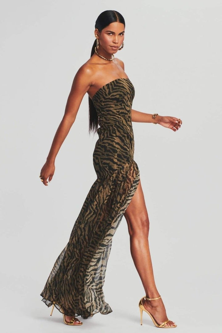 Viola Tiger Şerit Yırtmaçlı Transparan Maxi Elbise