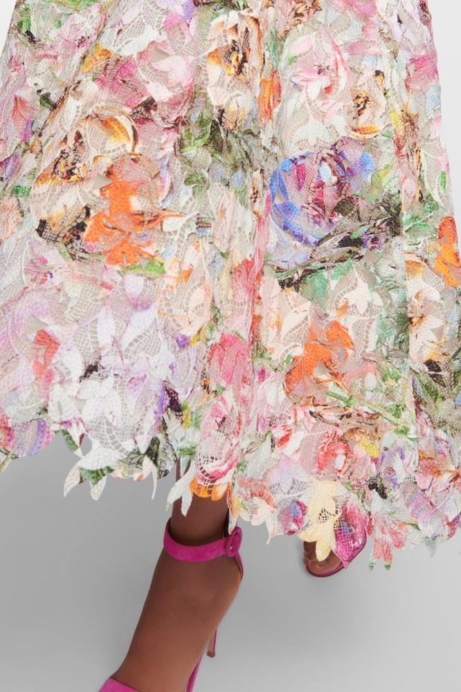 Mor Çiçek İşlemeli Dantel Midi Elbise